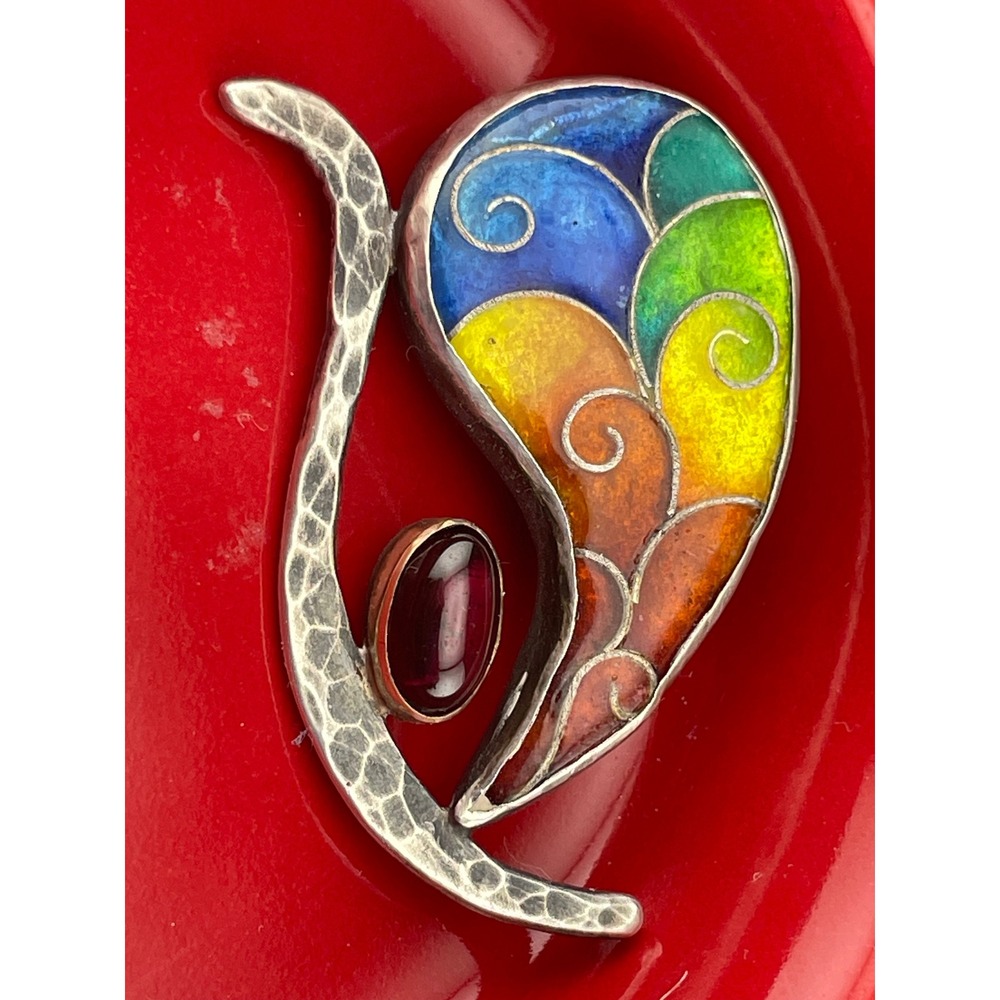 Artisan‎ Sterling Silver Rainbow Enamel Garnet Brooch Abstract Modernist Studio